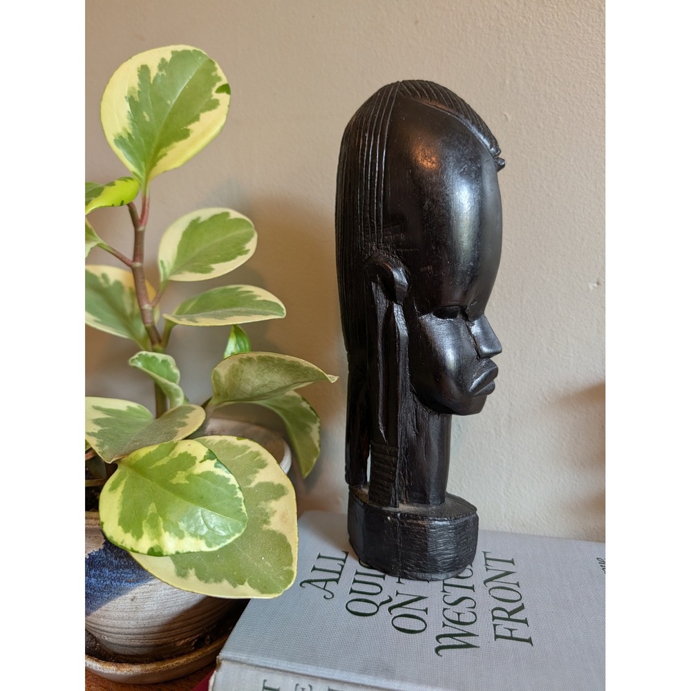Vintage Mid Century East African Hand Carved Solid Ebony Wood Bust Sculpture 9in